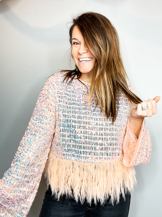 The Starla Sequin and Feather Party Blouse