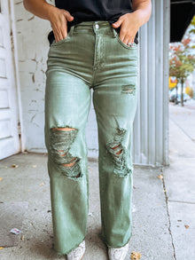  The Daisy Distressed Dad Jean in Olive - 3 INSEAMS