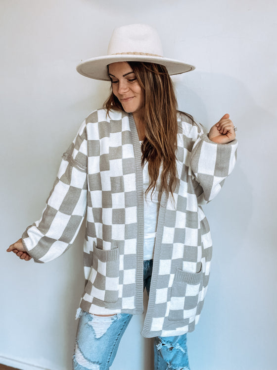 The Beverly Checkered Cardigan in Grey