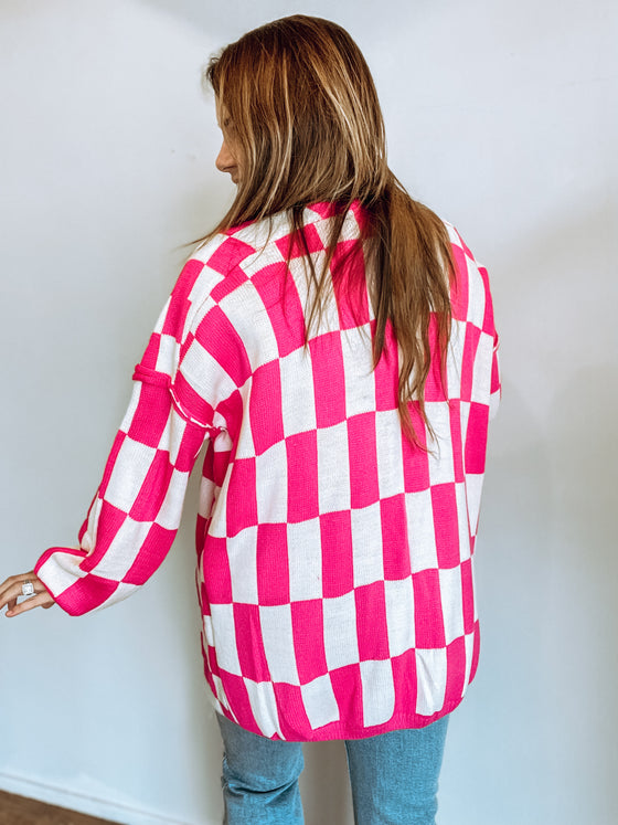 The Beverly Checkered Cardigan in Pink