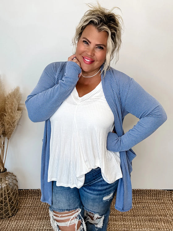 The Reese Ribbed 2-Tone Cardigan in Vintage Blue