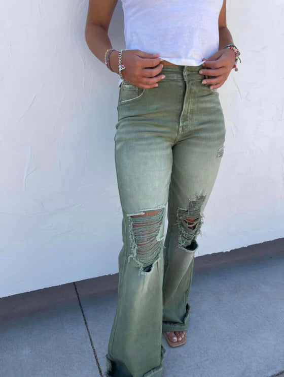 The Daisy Distressed Dad Jean in Olive - 3 INSEAMS