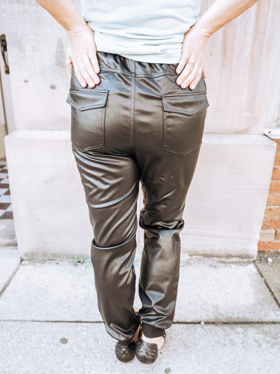 The Flint Faux Leather Jogger in Black