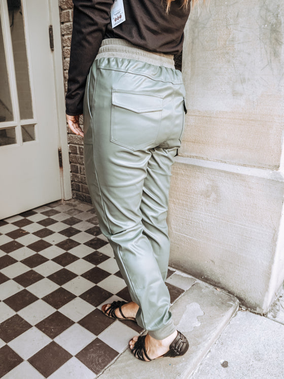 The Flint Faux Leather Jogger in Moss Green