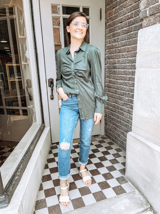 The Tawni Teal Button Down Blouse