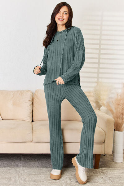 The Basic Ribbed Hoodie and Straight Pants Set (3 COLORS)