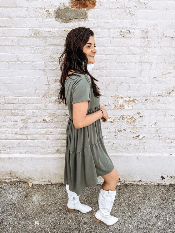 The Stormi Fall Dress in Olive